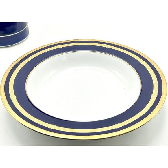 Christian Dior "Gaudron Lapis" Soup Bowl Large Rim Blue Gold Stripes Set of 2 - Picture 1 of 7